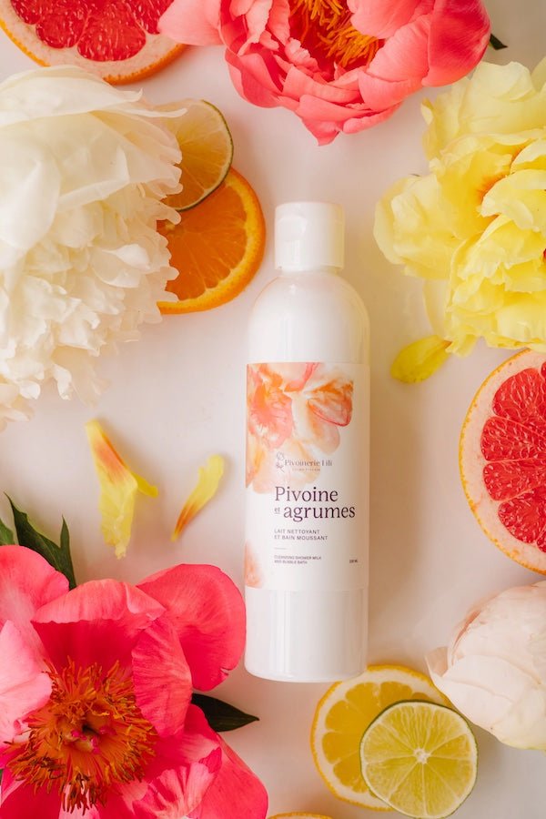 Lait nettoyant et bain moussant Pivoine et agrumes - Fleuriste Binette et filles - Montréal Montréal
